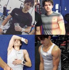 four different pictures of men in the gym, one with his arm around another man's neck