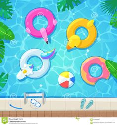 an overhead view of swimming pool with inflatable toys