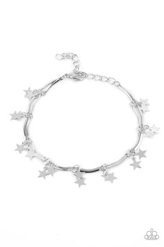 A collection of dainty silver stars and curved silver bars delicately connect around the wrist, creating a stellar fringe. Features an adjustable clasp closure. Silver Star Bracelet, Miss Americana, Bracelet Party, Party In The Usa, Jewelry Watch, Turquoise Bead Bracelet, 25 21, Star Bracelet, Paparazzi Accessories