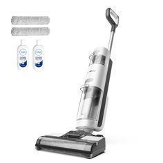 a vacuum is shown with two cleaning products next to it on a white background,