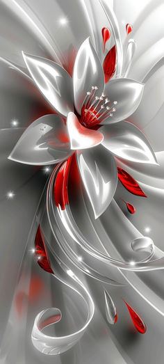 an abstract white and red flower with lots of petals on it's petals are blowing in the wind