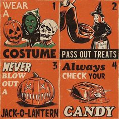 four vintage halloween postcards with jack o'lantern, candy, and costume designs