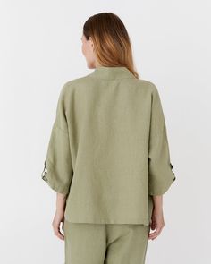 Linen kimono jacket BANOS in Sage | MagicLinen Relaxed Fit Outerwear With 3/4 Sleeve For Spring, Spring Oversized 3/4 Sleeve Outerwear, Spring Oversized Outerwear With 3/4 Sleeve, Spring Workwear Kimono With Kimono Sleeves, Spring Workwear Kimono, Spring Loungewear Outerwear With Button Closure, Chic Summer Outerwear With Button Cuffs, Spring Linen Outerwear With Kimono Sleeves, Casual Cardigan With Button Closure And 3/4 Sleeves