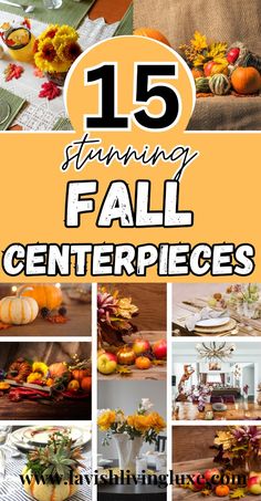 a collage of fall centerpieces with pumpkins, flowers and other decorations