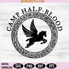 the logo for camp half blood is shown in black and white, with an image of a