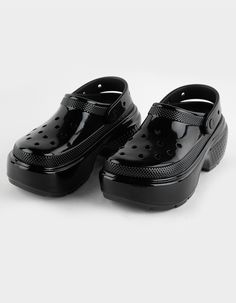 CROCS Stomp High Shine Womens Clogs - BLACK | Tillys Bibbity Bobbity Boo, Crocs With Charms, Slippers Heels, Black Crocs, Crocs Fashion, Flannel Sweatshirt, Lug Sole Boots, Work Fits, Women's Crocs