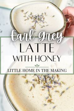 a person holding a cup with lavender sprinkles in it and text overlay that reads, true givey latte with honey little home in the making