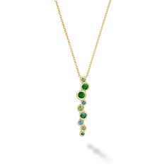 Luxuriously handcrafted in 18ct yellow gold, this elegant Cascade pendant features a delicate ombre composition of nine sparkling green stones including emeralds, demantoids, tsavorites and teal diamonds. The colourful gemstones are encased in rub-over settings in a random arrangement and suspended from fine 18ct yellow gold chain, finished with our signature name tag and catch. Pendant size - 25 x 5mm. Made with recycled 18ct gold. Total gem weight 0. 36ct. Dower & Hall designs their jewellery Fine Jewelry Green Multi-stone Necklace, Green Multi-stone Fine Jewelry Necklace, Green Multi-stone Fine Jewelry Necklaces, August Birthstone Jewelry, Green Stones, July Birthstone Jewelry, Vermeil Jewelry, Gifts For New Mums, Jewelry Ring Box