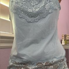 Brand New, Never Worn Baby Blue Lace Size M Light Blue Fitted Tank Top For Spring, Fitted Light Blue Tank Top For Spring, Blue Lace Trim Tank Top For Spring, Blue Lace Tank Top, Blue Tank Top, Lace Tank Top, Lace Tank, Blue Lace, Baby Blue