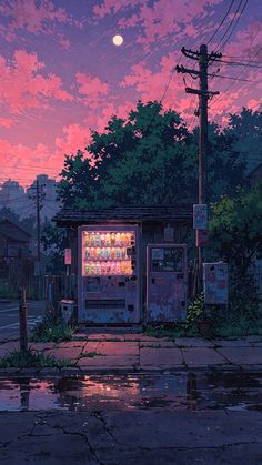 an old vending machine sitting on the side of a road under a pink sky