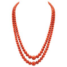 Finely crafted in 18K yellow gold with vivid red coral beads. The coral beads range from 12.27 - 5.10mm. The shorter strand measures 20 1/4 inches in length, and the longer strand measures 21 1/2 inches. Luxury Hand-strung Red Coral Beaded Necklaces, Formal Red Coral Beaded Necklace, Xmas Photos, Future Outfit, The Coral, Coral Necklace, Coral Jewelry, Coral Beads, Red Coral