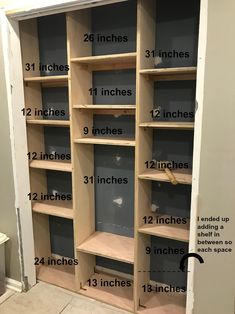 an open closet with shelves and measurements for the space between them to be built into the wall