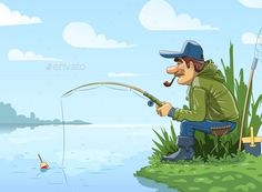 the man is fishing in the lake with his rod and fish on the water's edge