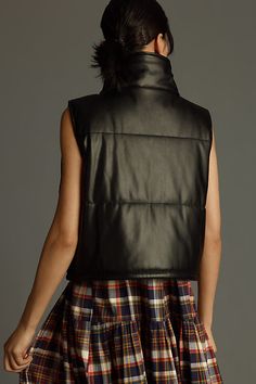 Polyurethane-coated polyester Cropped fit Front slant pockets Front zip Dry clean Imported | Faux-Leather Puffer Vest Jacket by Anthropologie in Black, Women's, Size: XS/s, Polyester/Polyurethane Cropped Puffer Vest, Puffer Vest Jacket, Wet Look, Puffer Vest, Vest Jacket, Puffer, Anthropologie, Faux Leather, Leather