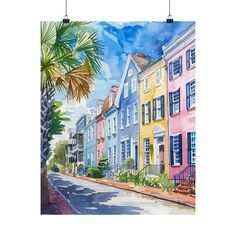 a watercolor painting of colorful houses in charleston, sc on a white paper background