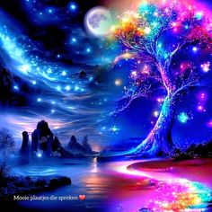 a painting of a tree with colorful lights in the night sky and water below it