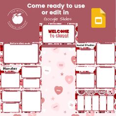 a pink and white poster with hearts on it that says come ready to use or edit in