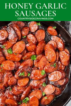 honey garlic sausages in a cast iron skillet with parsley on the side