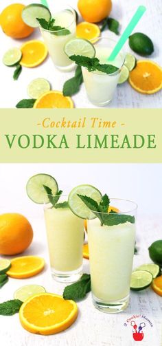 two glasses filled with vodka limeade next to sliced oranges