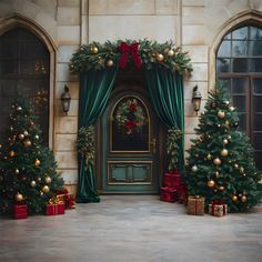 christmas trees and presents are in front of a door with green drapes on it