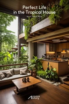 a living room filled with furniture and lots of greenery on top of the roof