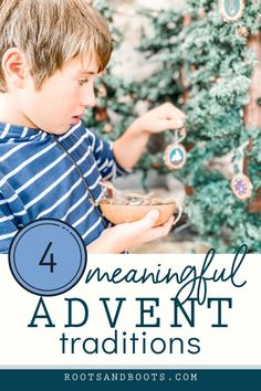 a young boy holding a bowl in front of a christmas tree with the words 4 ways to