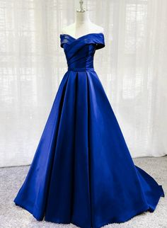 Royal Blue Satin Off Shoulder Long Party Dress Blue Simple Prom Dress, Party Dress Simple, Brown Prom Dresses, Champagne Homecoming Dresses, Party Dress Blue, Yellow Homecoming Dresses, Royal Blue Evening Dress, Orange Prom Dresses, Simple Prom Dress Long