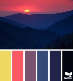 the sun is setting over the mountains in this color palette