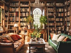 a living room filled with lots of furniture and bookshelves full of books on top of them