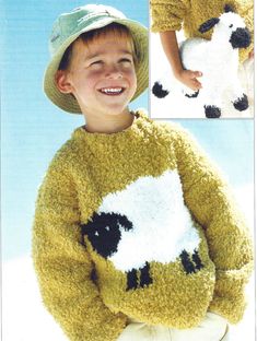 a young boy wearing a sheep sweater and hat