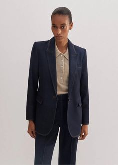 Cotton Blend Denim Sharp Shoulder Blazer Indigo Double Denim Looks, Camo Cargo Pants, Winter Lookbook, Boyfriend Blazer, Double Denim, Classic Blazer, Kick Flares, Flare Trousers, Cargo Pant