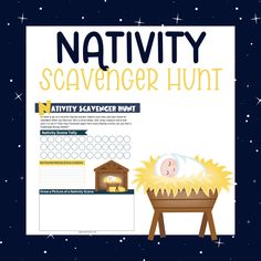 the nativity scavenger hunt is shown with a baby in a manger