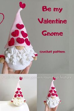 crocheted gnome hat with hearts for valentine's day