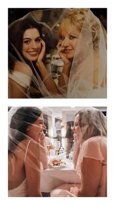 two women sitting next to each other in front of a mirror and one woman wearing a veil