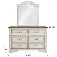 a white dresser and mirror with measurements