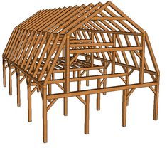 a wooden frame structure is shown with the roof and side walls cut out to show it's construction