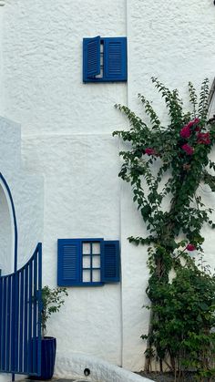 a white building with blue shutters and flowers