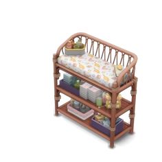 a wooden baby crib with various items on it's shelves and the top shelf is made out of wood