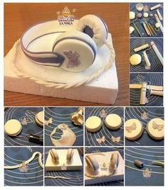 a collage of photos showing how to make a cake with fondant icing