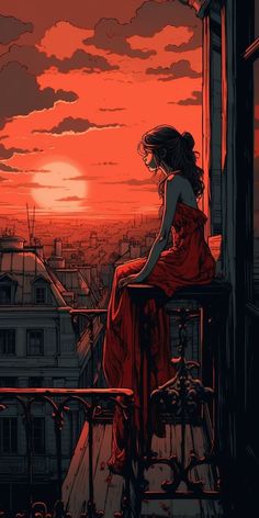 a woman sitting on top of a balcony looking out at the sun setting behind her