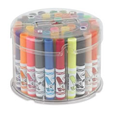 an assortment of crayons in a clear container