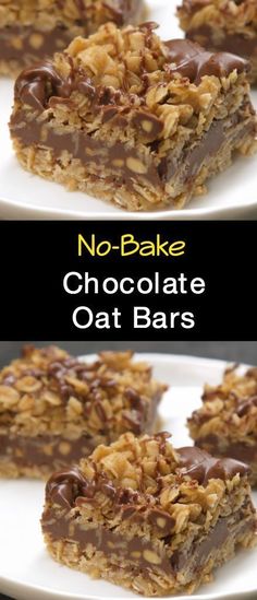 no - bake chocolate oat bars on a white plate with text overlay