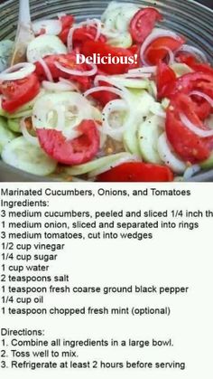 the ingredients for this salad include onions, tomatoes and cucumbers in a bowl