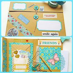 an open scrapbook with paper and stickers on it