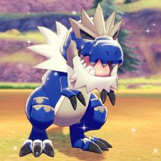 a blue and white pokemon sitting on top of a field