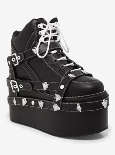 Step out in eerie style! Get spooky with these ghostly platform sneakers! Featuring buckle strap detailing throughout with contrast white grommets and silver-tone ghost charm studs.Listed in women's sizes.Platform: 3''Heel: 4''Polyurethane upper & rubber soleImported Cybergoth Shoes, Shoes Wishlist, Dory Finding Nemo, Punk Clothes, Grunge Shoes, Alternative Shoes, Gothic Shoes, Blue Beetle, The Big Lebowski