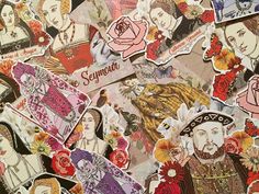 many different stickers are arranged together on the surface, including one with a woman's face