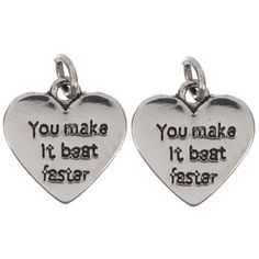 Create a sweet jewelry creation from the heart with You Make It Beat Faster Heart Charms! These sleek, metallic charms features etched text on one side and an etched electrocardiogram line on the back. Complete with a jump ring for attaching, use these cute charms to make your sweetheart a shining accessory that sets their heart fluttering.       Details:          Length: 7/16"       Width: 1/2"       Metal Color: Silver         Full Text: You Make It Beat Faster       Card contains 2 charms. Nickel Free Heart Charms For Valentine's Day, Nickel-free Heart Charms For Valentine's Day, Heart-shaped Charms For Valentine's Day Jewelry Making, Heart Charms For Jewelry Making Valentine's Day, Heart Charms For Jewelry Making On Valentine's Day, Personalized Heart Earrings For Mother's Day, Heart-shaped Charms Earrings For Valentine's Day, Heartbeat Monitor, Sweet Jewelry