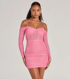 Everyone will see you shining at the club in this glitter mini dress! It features an off-the-shoulder sweetheart neckline, sheer fitted ruched long sleeves, adjustable spaghetti straps, a ruched seam along the padded bust, a sheer bodice with trim, and side ruched seams that hug your curves on the bodycon silhouette. Complete the look with a clutch and heels.Fit & FeaturesOff-the-shoulder sweetheart necklineAdjustable spaghetti strapsSheer fitted ruched long sleevesRuched and padded bust, sheer bodice, trimSide ruched seams, bodycon silhouette, mini-length hemGlitter mesh fabric, sewn-in knit lining, moderate stretchRuns true to size Awards Dress, Orange Homecoming Dresses, Purple Homecoming Dress, Backless Dress Short, Glitter Mini Dress, Green Homecoming Dresses, White Homecoming Dresses, Lace Dress Styles, Homecoming Outfits