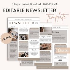 the editable news letter template is shown in three different colors and font styles, including beige